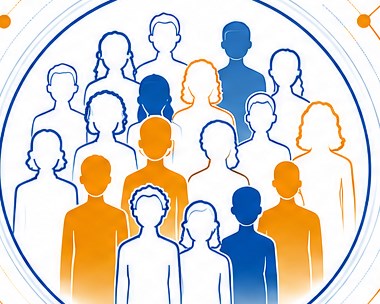 Ilustración de un grupo diverso de personas, en azul y naranja